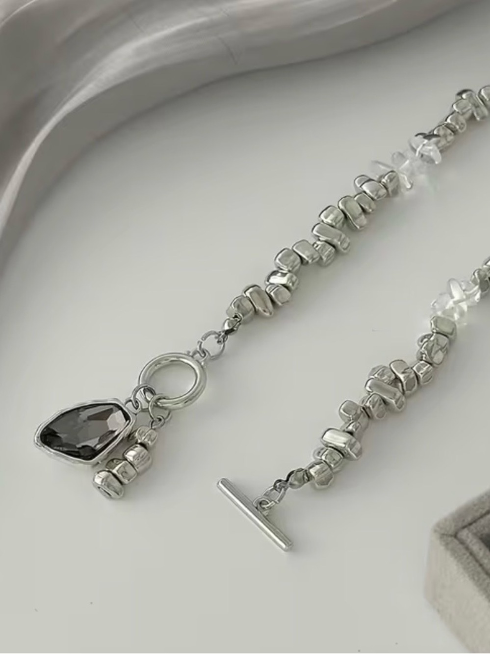 Silver Beaded Toggle Necklace with Black Gem Pendant - Picture 5 of 7
